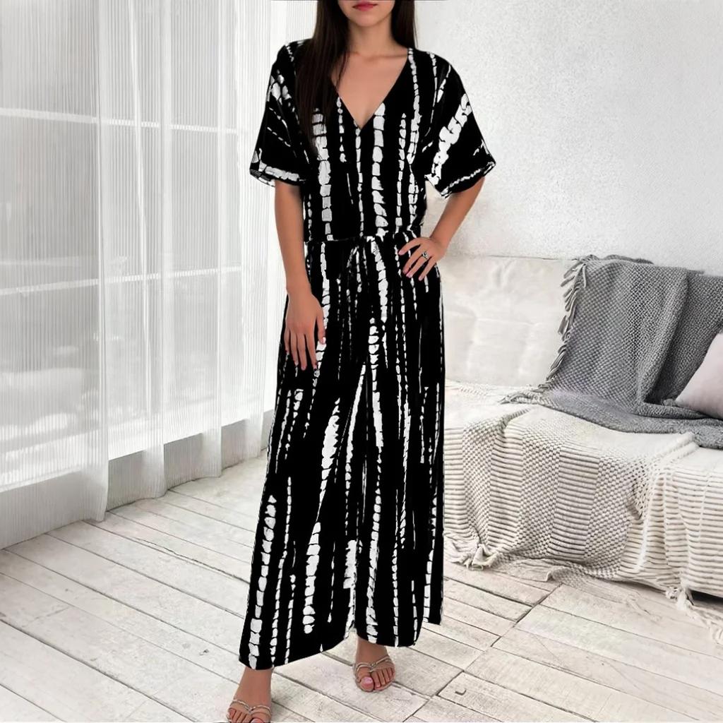 Women's Casual Resort V-Neck Top And Pants Fashion Print Two Piece Set