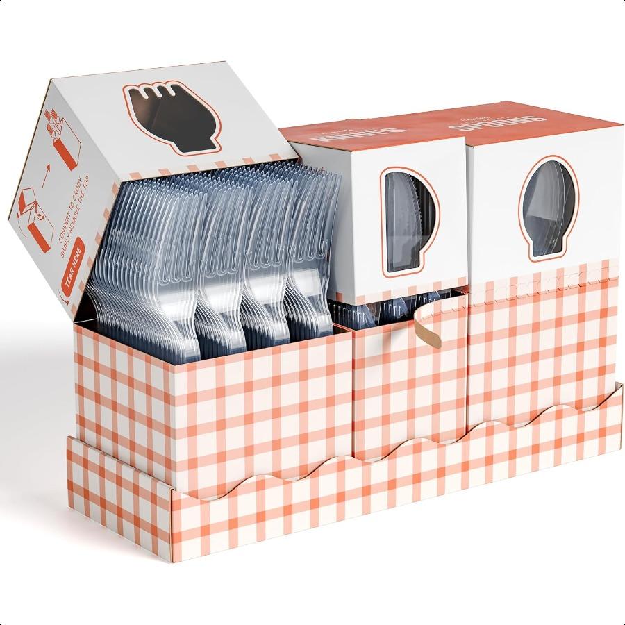 Utensil Caddy Organizer with Clear Plastic Forks and Spoons and Knives Gingham Kitchen Utensil Holder for Party with 3 X 100 Pl