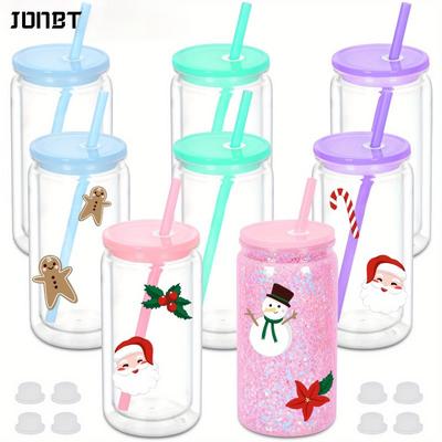 8 Unidades Copos de Plástico de Parede Dupla Snowglobe com Furo Pré-Perfurado 16oz Copos de Palha de Pote de Pedreiro Plástico Durável para Café Suco Bebidas