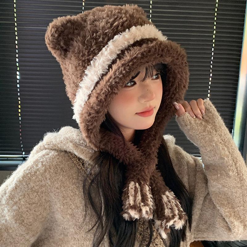 Bear Ears Plush Cute Hat Women's Autumn and Winter Thickened Warm Knitted Hat Cycling Coldproof Ear Protection Lei Feng Hat Trendy