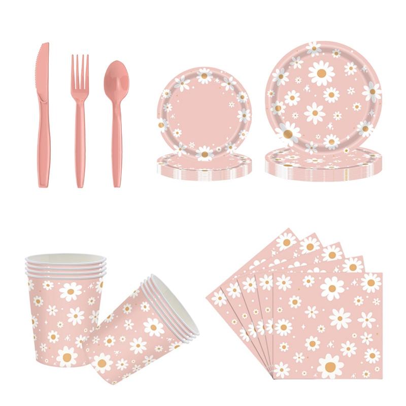 24pcs 7/9inch Pink Daisy Theme Disposable Tableware Flower Plate Napkin Straws Banner Birthday Party Baby Shower Wedding Decor