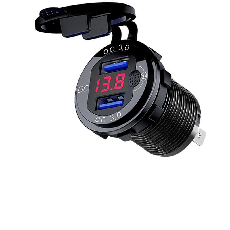 Aluminum Quick Charge Dual QC3.0 USB Car Charger Socket with Digital Voltmeter With Switch Button for Marine Motorcycle Truck