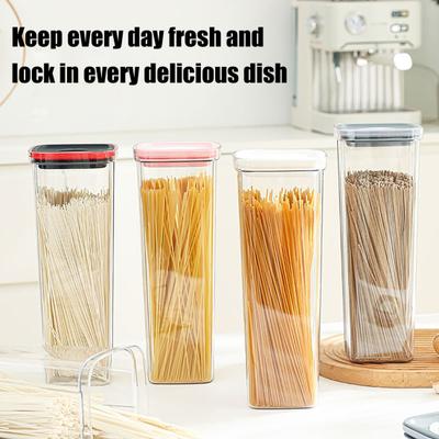 Caja para almacenar fideos con tapa, recipiente hermético transparente para alimentos, tarro para almacenar espaguetis, pasta, granos y aperitivos. Organización de armarios de cocina y despensa.