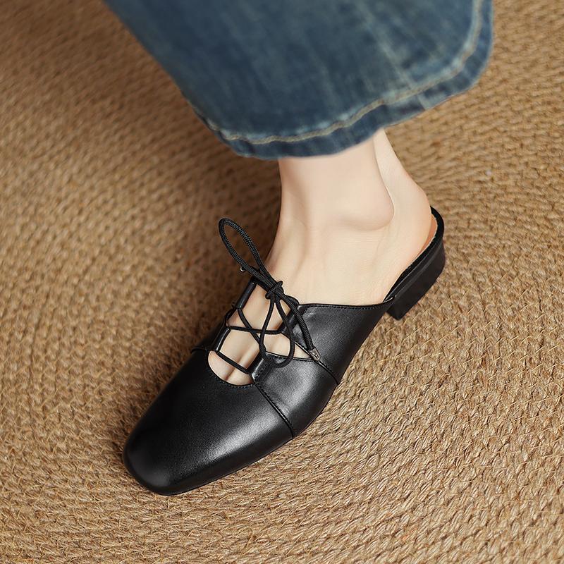 Fashion New Summer Women Mules Genuine Leather Shoes for Women Round Toe Low Heel Shoes Cover Toe Slip-on Women Sandals Retro Slippers