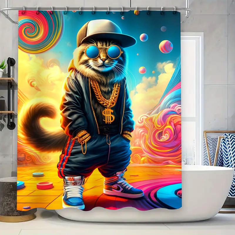 

Stylish Cat Shower Curtain Hip Hop Cats Bathing Room Decor Cartoon Wall Art Blue Jeans Sneakers Print Perfect Gift for Cat Lover 90x180cm