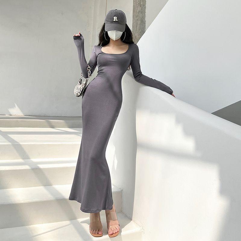 

Весенне-осеннее платье с U-образным вырезом, облегающая футболка для горячей девушки, юбка «рыбий хвост» Dark gray S