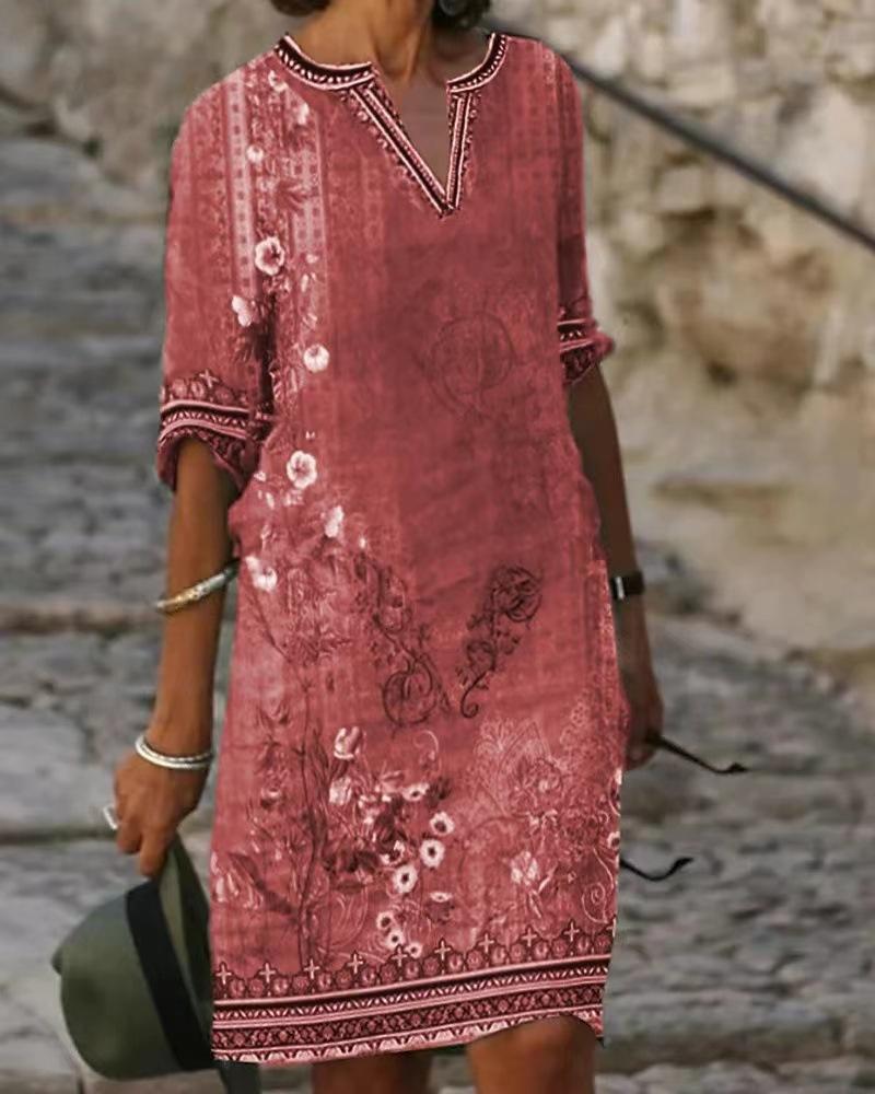 European And American Spring And Summer New Women S Clothing European And American Casual National Retro Style Medium And Long V-Neck Short-Sleeved S