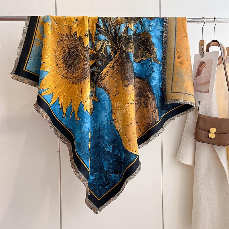 Mixed Contrasting Color Double-Sided Shawl Winter High-End Warm Square Scarf