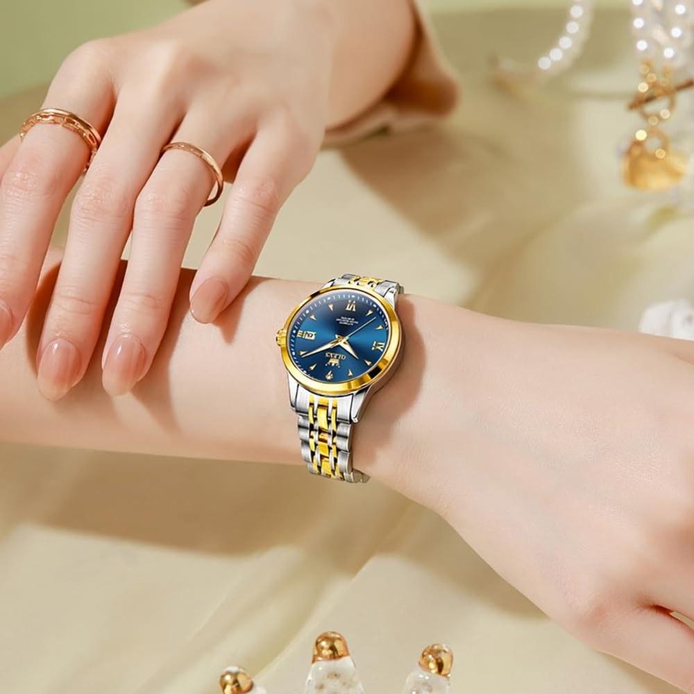 OLEVS Ladies Automatic Watch L9956 Two-tone Band Blue Dial Gold Luxury Diamond Waterproof Luminescent Date Elegant