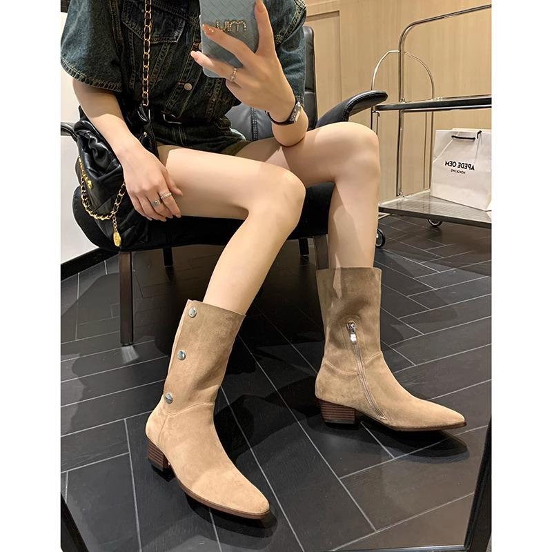 2025 pointed toe matte suede western cowboy boots high heel knight boots short stacking boots women's fashion boots tide