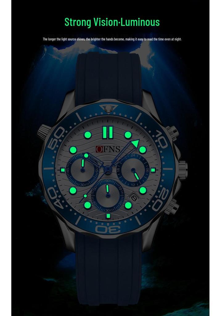 Oufannishi Men's Multifunction Waterproof Quartz Chronograph Wristwatch with Six-Hand Calendar