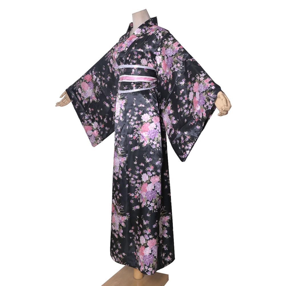 Long Kimono Japanese Style Floral Satin Yukata with Perfect for Fireworks Everyday Summer Kimono Women's Dress, Obi, Festivals, Wear, (KL02-Black)