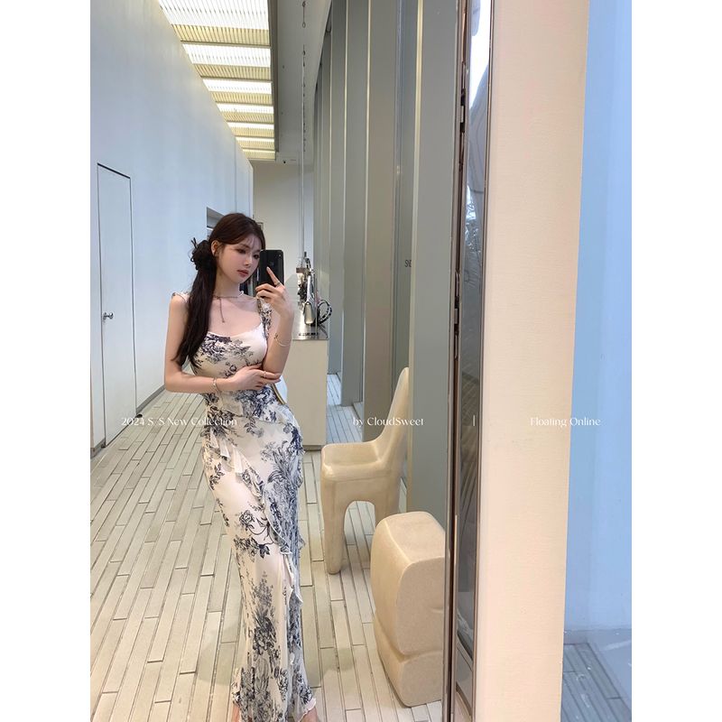 

Cloudsweet White Cloud Sweet French Style Ruffles Square Collar Open Back Floral Strap Dress Female Summer Waist-Slimming Long Dress Ink-dyed Blue and Flower 7 Working Days XS