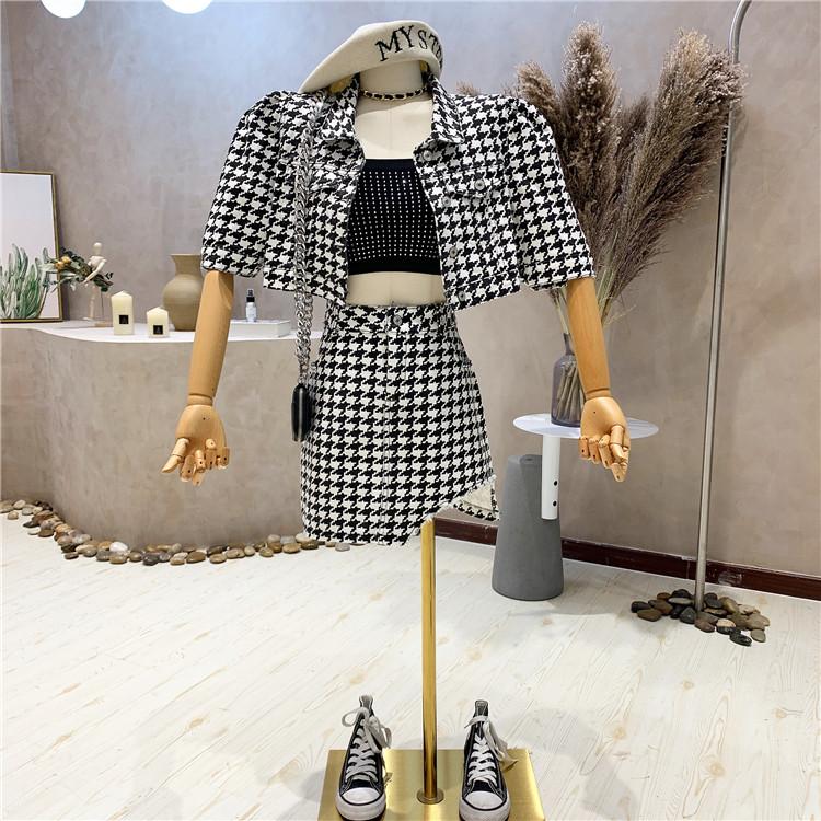 Mode Hahnentritt Anzug Damen Sommer Kurzarmhemd Unregelmäßiger High-Waist Halbrock Zweiteiliger Anzug