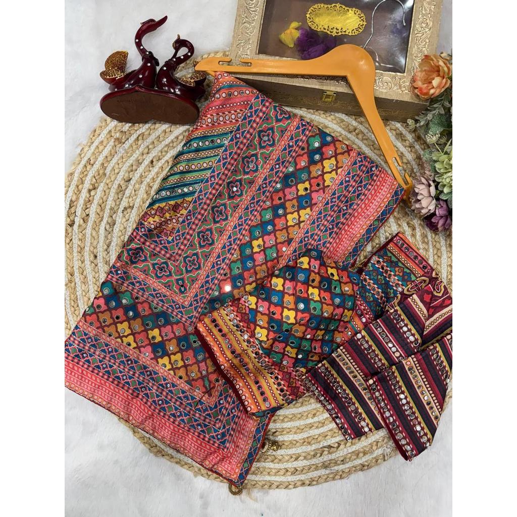 Premium Soft Chinon Printed Mirror Work Saree