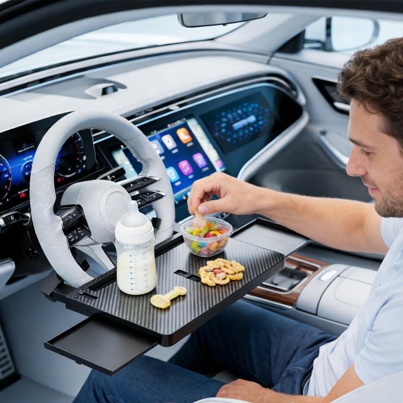 Flexible Plattform zur Montage am Auto-Lenkrad mit drehbarem Boden und verdecktem Stauraum