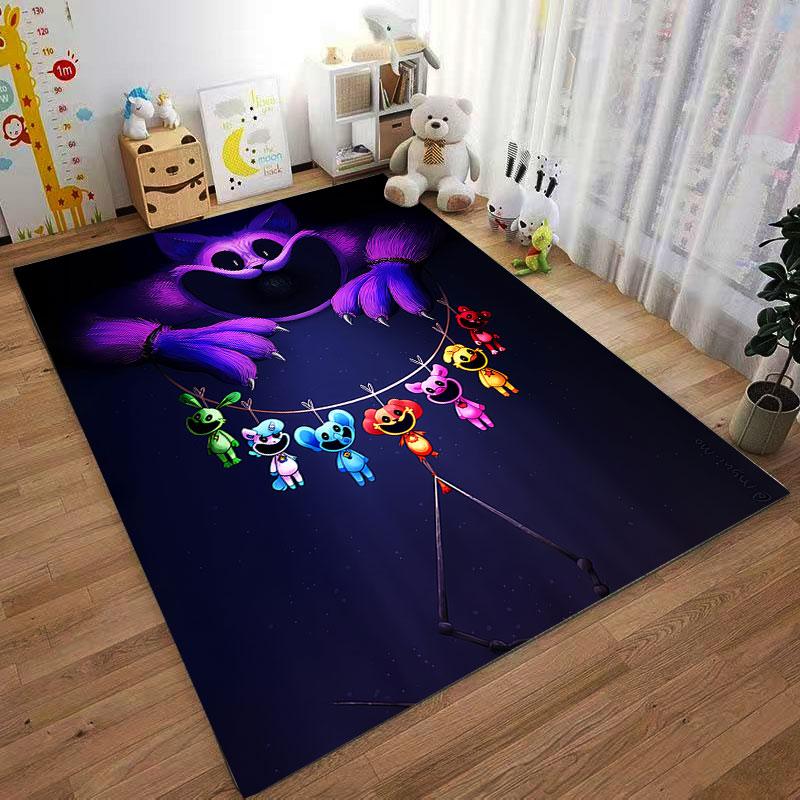 Bunte Charaktere auf dunklem Teppich, geeignet als rutschfeste Matte für das Wohnzimmer oder die Sofaecke im Schlafzimmer