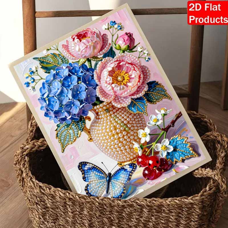 DIY Pearl Painting Canvas Floral Butterfly Design Shiny 3D Bead Art Kit Creative Leisure Craft for Living Room Wall Decor