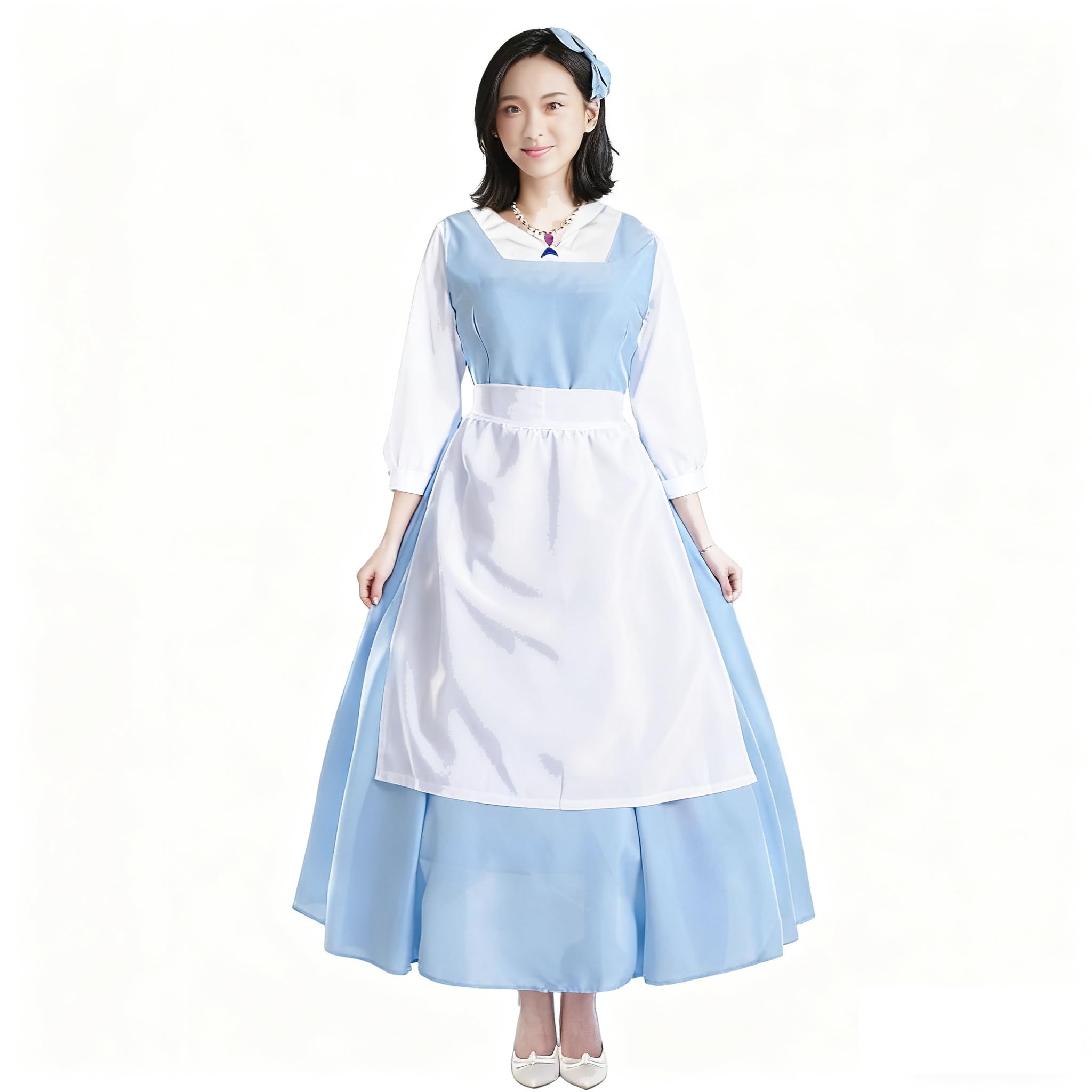 

[HTPARY] Костюм Белль для косплея «Красавица и чудовище», костюм горничной на Хэллоуин, ожерелье, тиара, юбка, фартук, набор из 4 предметов (L)