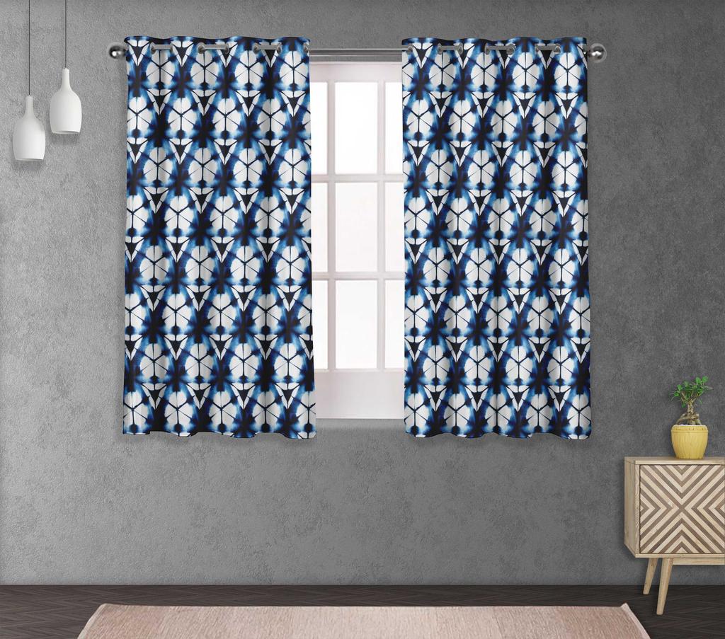 S4sassy Cotton Duck Geometric Blue Shibori Double Panel Short Window  Eyelet Living Room  Curtains- 54x56