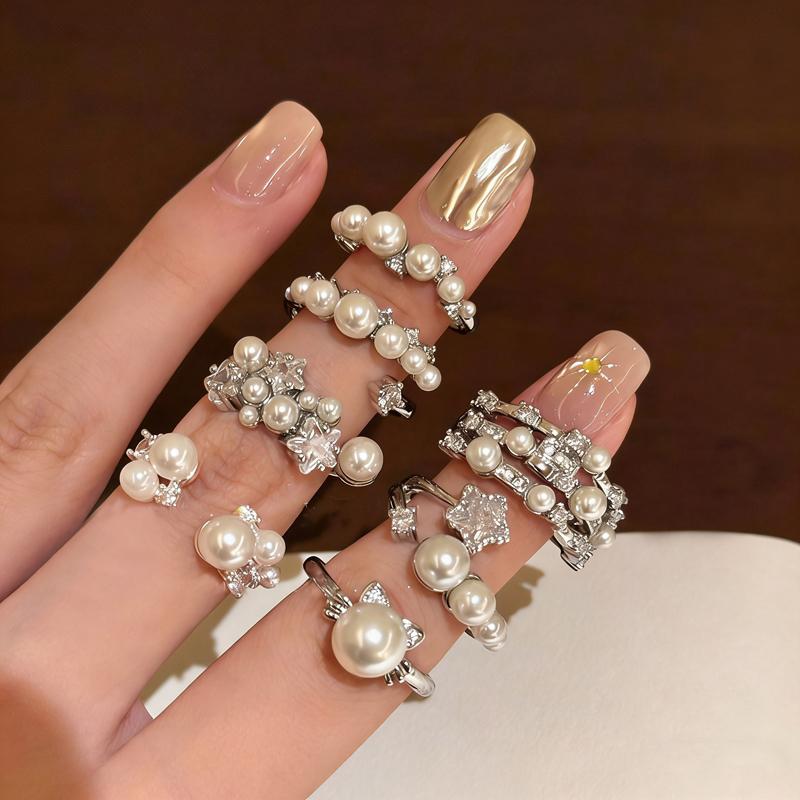 Shiny Pentagram Heart Zircon Open Rings For Women Shiny Imitation Pearl Cluster Index Finger Ring Fashion Dating Jewelry