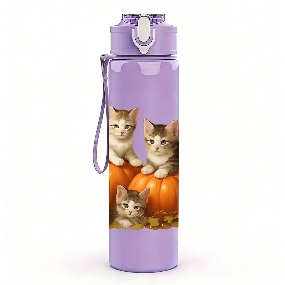 1PC Kitten Pumpkin Autumn 750ml Color Plastic Sports Water Bottle Leakproof Flip Straw Lid Suitable for Sports Office Home Use