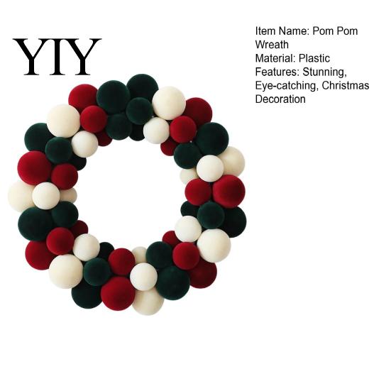 Nordic Style Wall Ornament Christmas Pom Wreath for Front Door, Red Green White Velvet Seasonal Decorative Craft Flocking Hanging Holiday Party,