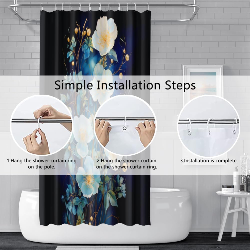 Flowers Shower Curtain for Bathroom White Teal Blue Floral Leaves Shower Curtain Set with Hooks Abstract Black Bathtub Decor Waterproof Fabric