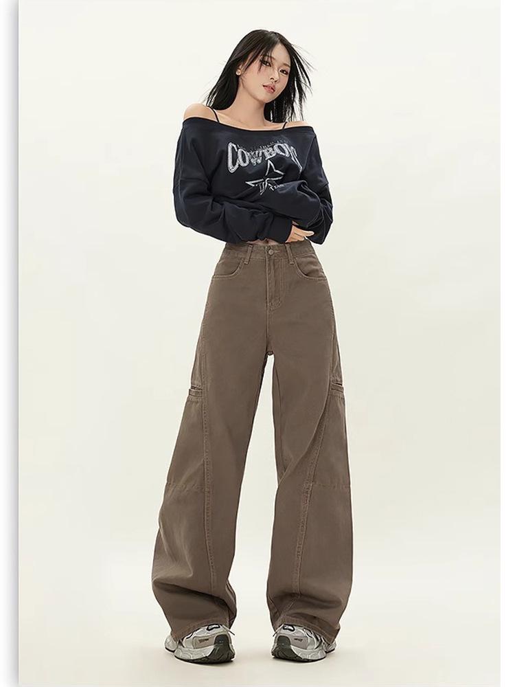 Spring 2025 Women s High-Waisted Olive Cargo Denim Jeans - American Retro Slimming Straight Leg Extra Large