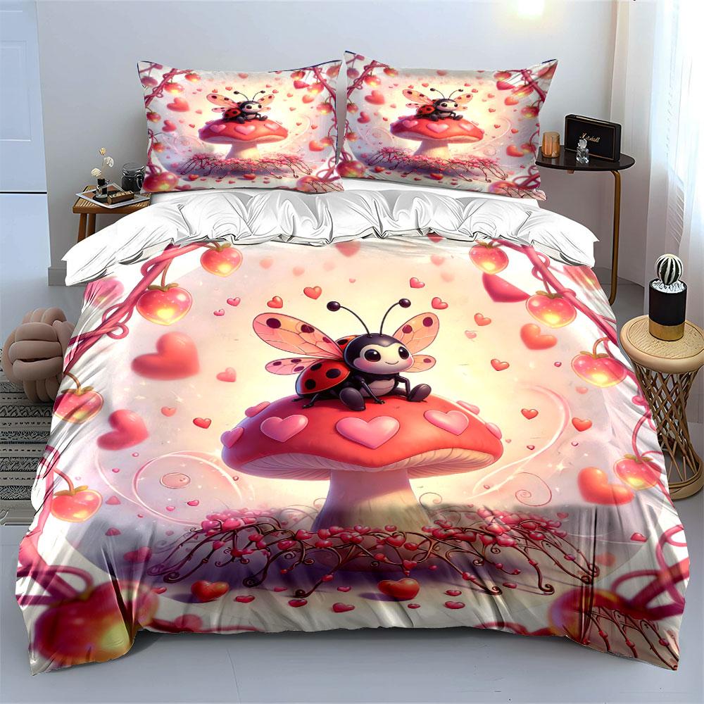 Ladybug Mushroom Romantic Decor Set Soft Comfortable Duvet Cover Bedding Set Included 1*Duvet Cover & 2*Pillowcases, Gift