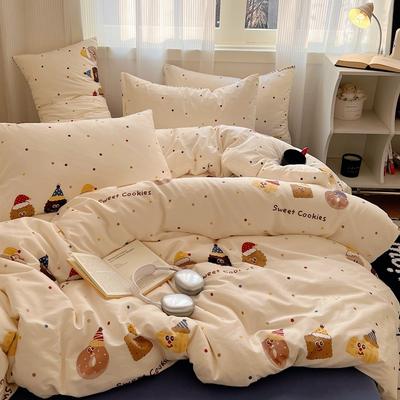 Juego de cama de cuatro piezas de algodón puro con estampado floral de dibujos animados (sábana, funda nórdica, fundas de almohada)