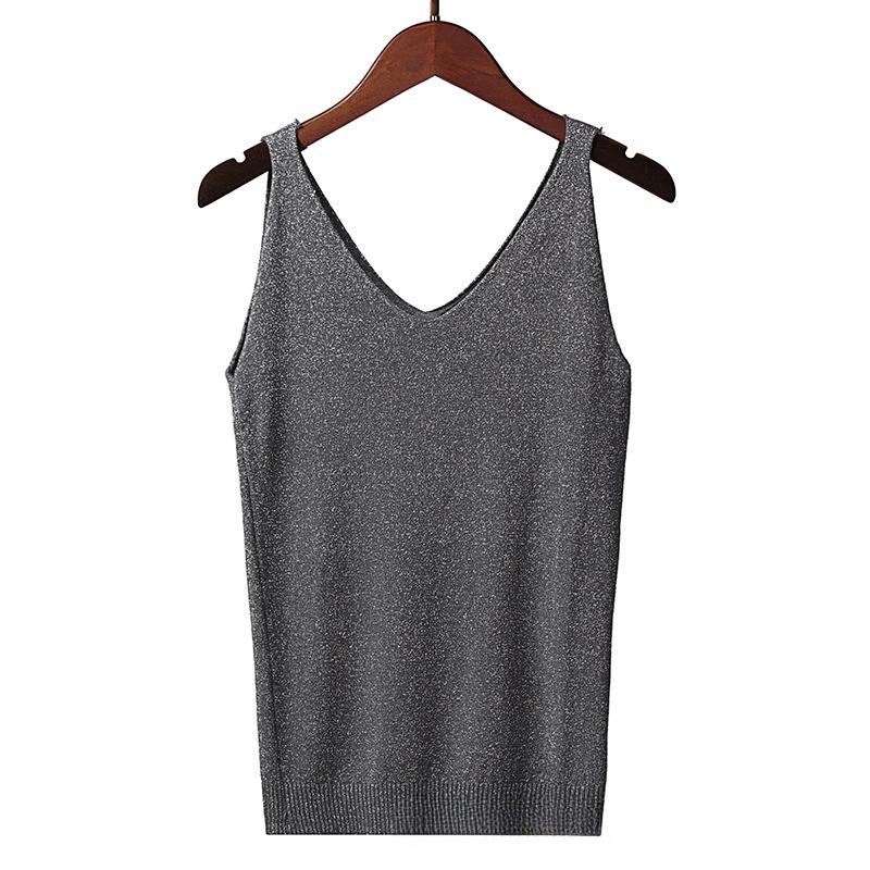 Women Summer Sexy Slim V-Neck Bright Silk Knitted Sleeveless Vest Top T-Shirt Basic Trend
