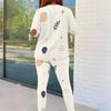 Women Plus Size Cream White Dots Printed Round Neck Long Sleeve Fitted Two Piece Pants Set With Pockets