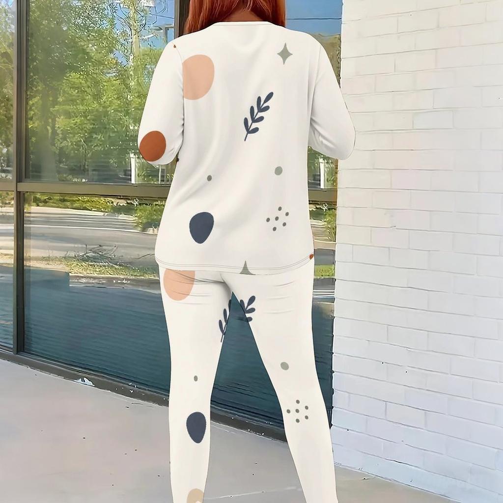 Women Plus Size Cream White Dots Printed Round Neck Long Sleeve Fitted Two Piece Pants Set With Pockets