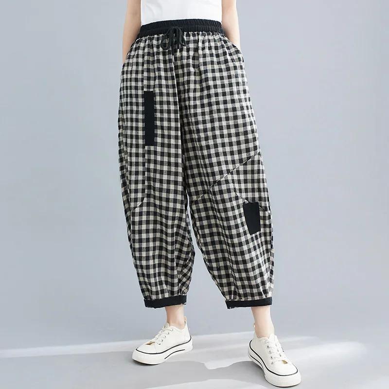 

Spring Korean Style Bloomers Women s Vintage Plaid Loose Ankle-length Pants Fashion Cotton Linen Casual Trousers for Women S