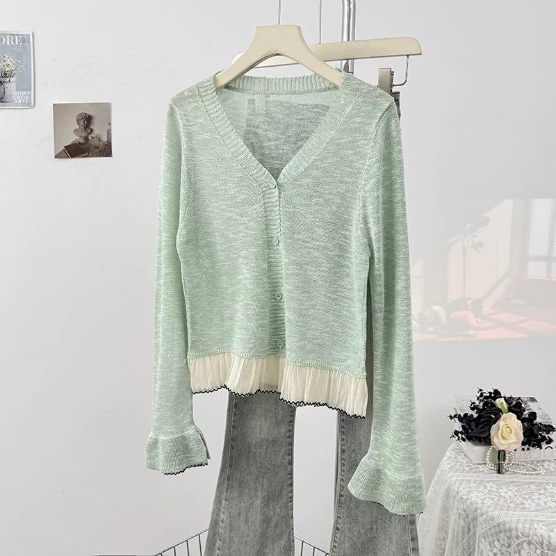 V Neck Flare Long Sleeve Knit Top Summer Versatile Loose Sun Protection Cover Up Blouse Women