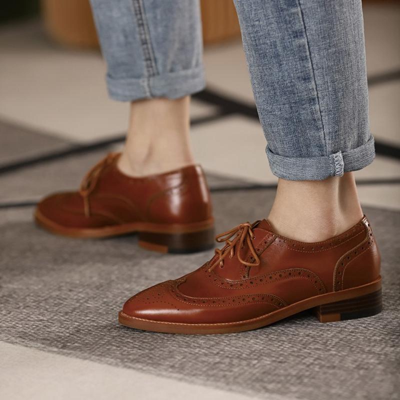 Autumn Women Shoes Retro Oxford For Woman Genuine Leather Flats Brogues Lace Up Casual Chelsea Shoes Rubber Brown