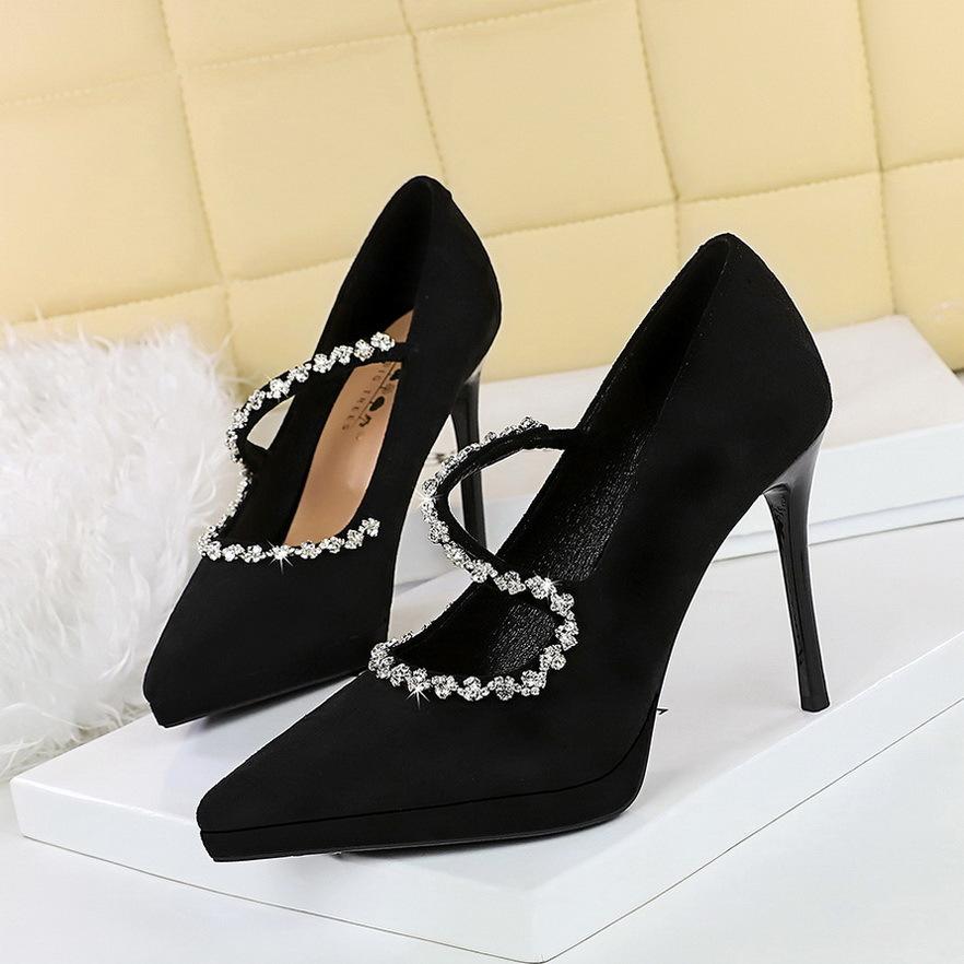 Fashion High Heels 10.5cm Women's Pumps Stiletto Suede Pointed Toe Waterproof Platform Ladies Banquet Rhinestone Decoration Single Shoes