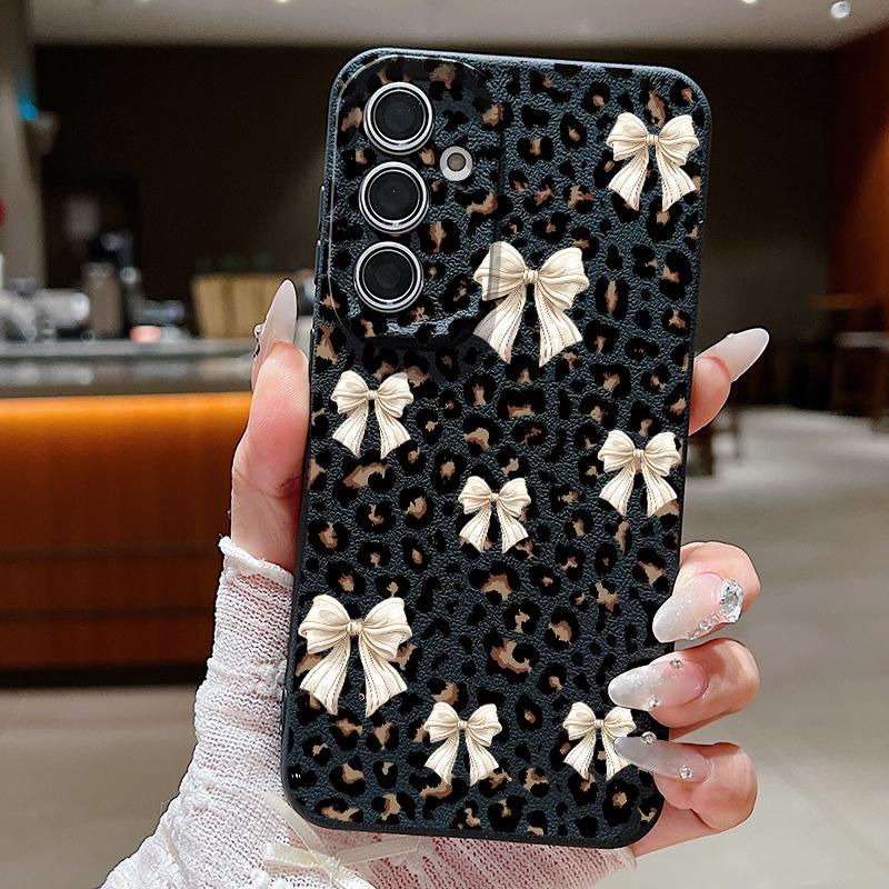 Bowknots Leopard Print Case For Samsung S26 S25 Ultra S24 S23 S22 S21 FE A15 A35 A55 A16 A36 A56 A17 A18 A37 A57 5G Leather Texture Soft Cover