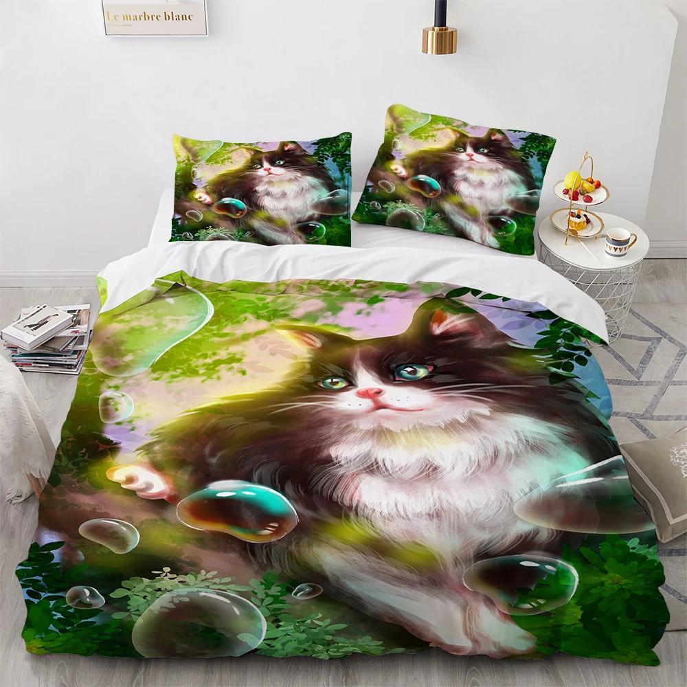 Watercolor Cat Duvet Cover King Queen Pet Kitty Bedding Set For Teens Adults Blue British Shorthair 2/3Pcs Polyester Quilt Cover
