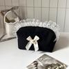 Korean Black Lace Bow Makeup Bag Large Capacity Cosmetic Organizer Cute Travel Toiletry Pouch