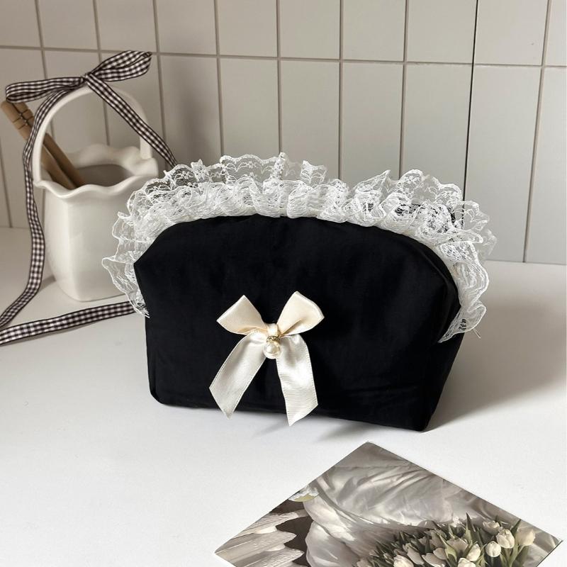 Korean Black Lace Bow Makeup Bag Large Capacity Cosmetic Organizer Cute Travel Toiletry Pouch