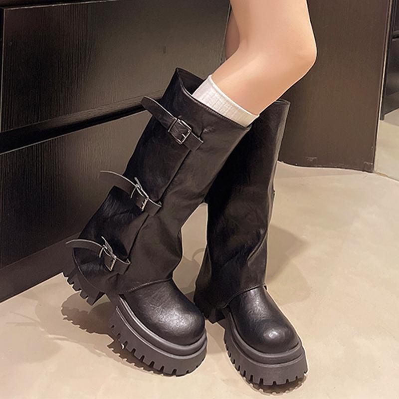 2026 Designer Women's High Boots Flats Platform Fashion Dress Shoes Designer Winter Botas Casual Goth Motorcycle Boots De Mujer