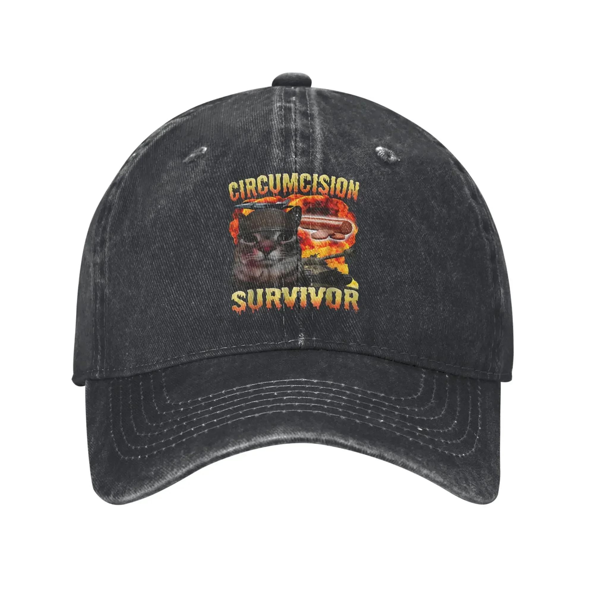 Circumcision Survivor Funny Cat Meme  Baseball Cap Sun Hunting Camping Adjustable Washed Trucker Hat Unisex WoUnisex Baseball Caps One Size