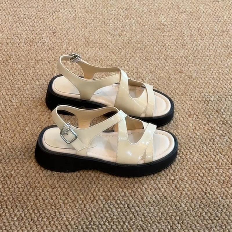 

2025 summer new literary thick-soled Roman sandals women s versatile outer wear word with soft bottom stepping on shit sandals. 40 бежевый
