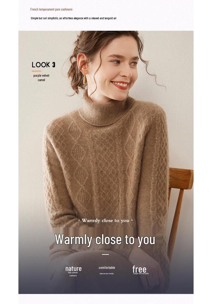 Ladies' Retro High-Neck Double-Strand Cashmere Knit Pullover