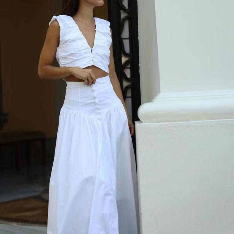 New Arrival French Style Ruched Vest Vest Skirt Two-piece Set Wrinkled Vest Half Skirt Set