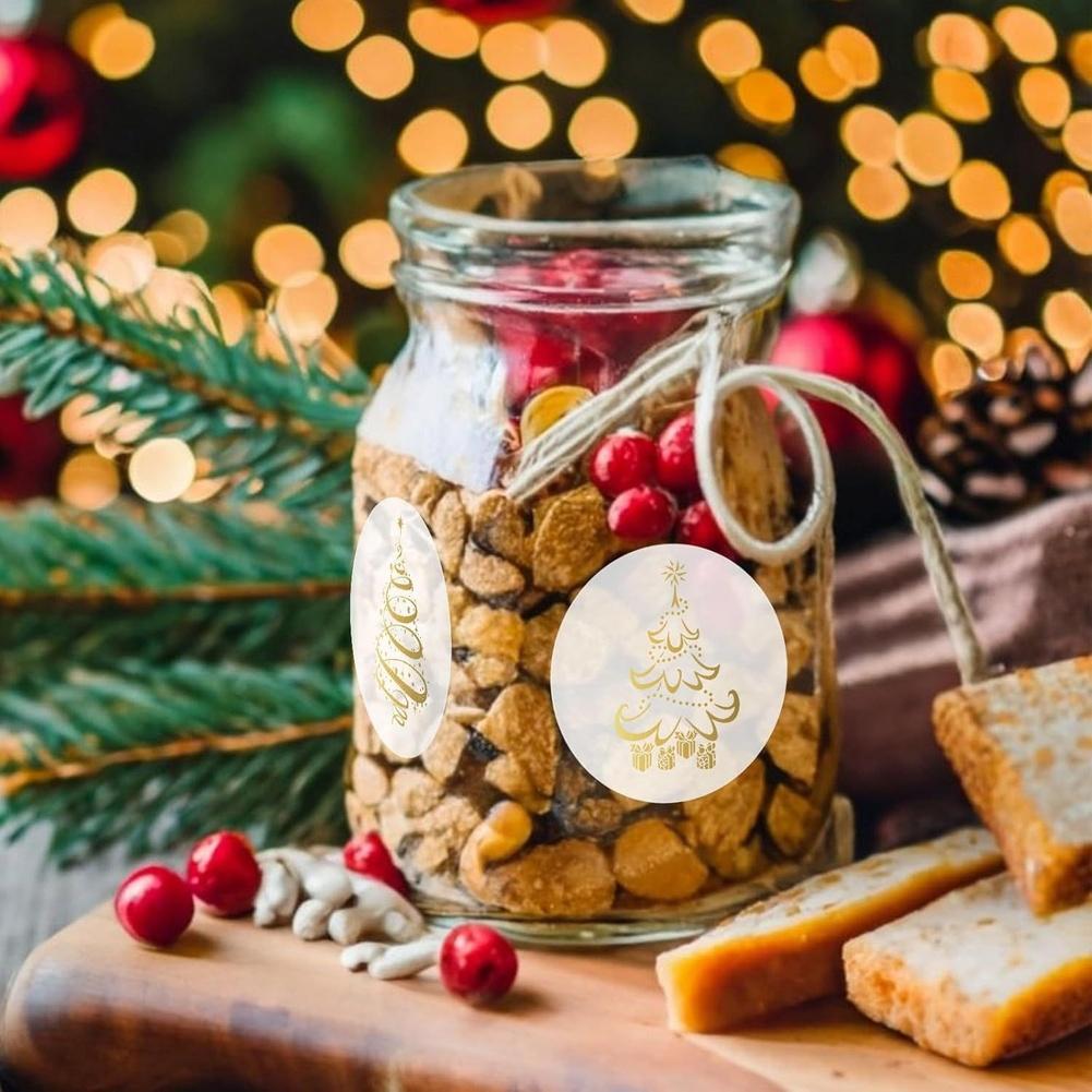 1 Set Adesivi di Natale Trasparenti Rotolo Foglia Oro Albero Etichette Sigillanti Carta Patinata Autoadesivo Alberi di Natale Foglia Oro