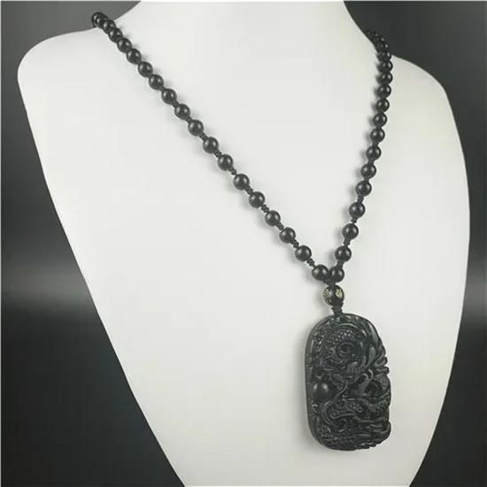 Certified Chinese Natural Black Green Jade Dragon Pendant Beads Necklace Charm Jewelry Obsidian Carved Amulet Gifts for Men