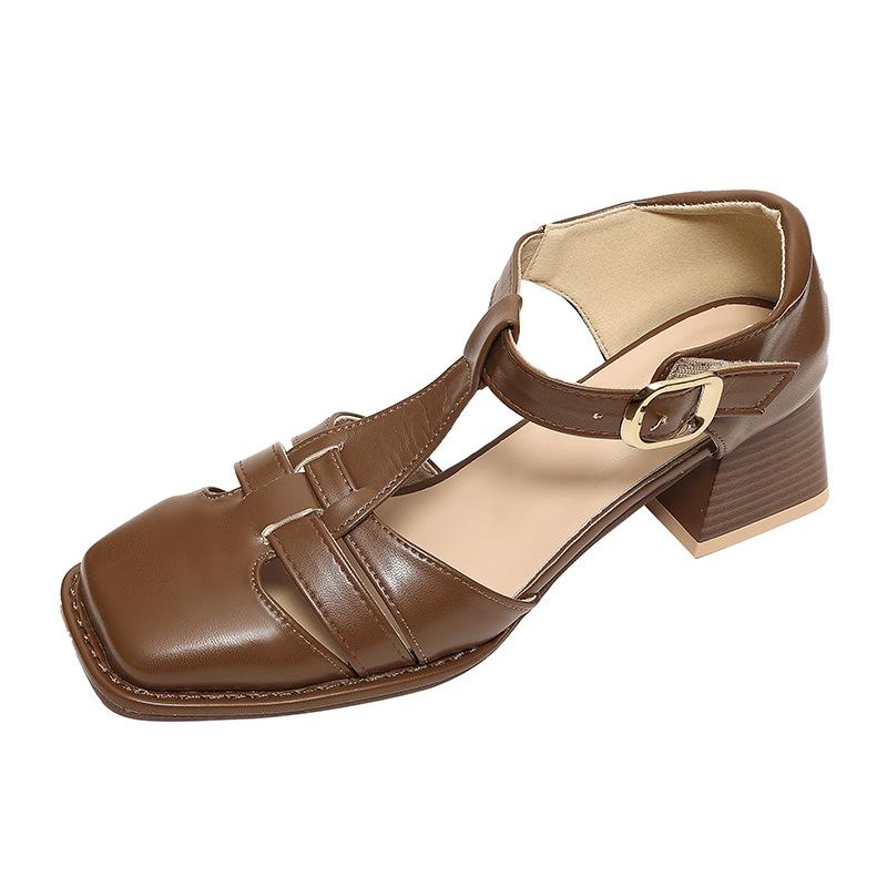 Comfortable and good 2025 summer new thick heel high heels imitation leather square head women's shoes French retro bag head Roman sandals